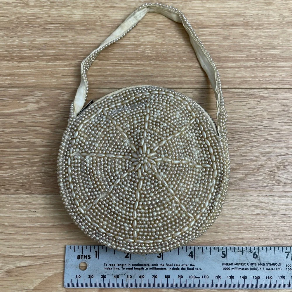 Vintage Cream Faux Pearl Beaded Round Evening Bag Made in Japan Circle Purse
